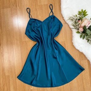 Vintage Victoria’s Secret Gold Label dark teal blue minimal satin slip dress
